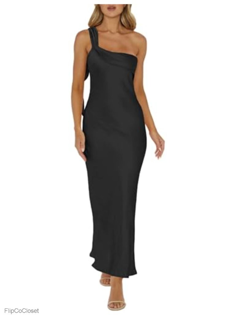 Satin One Shoulder Formal Maxi Dress Wedding Guest Backless Ruffle